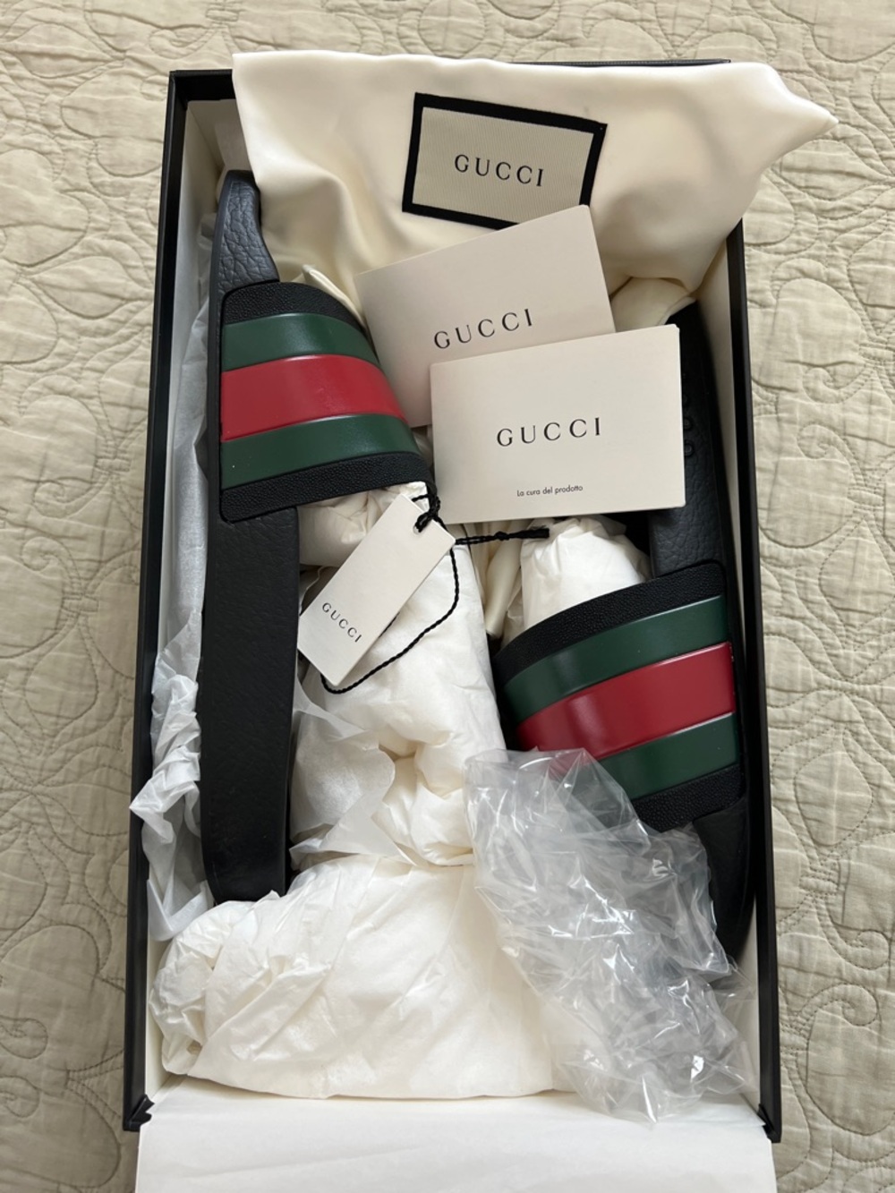 Gucci Black Slides with Red & Green Web Stripe